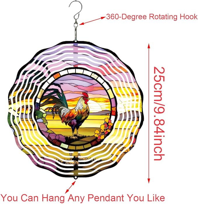 Metal Wind Spinner Outdoor Rooster Decorations Hanging, Festive Gifts for Women Mom Grandma, 25cm/ 9.84in 3D Wind Spinner for Garden Decor for Patio,Yard,Outdoor