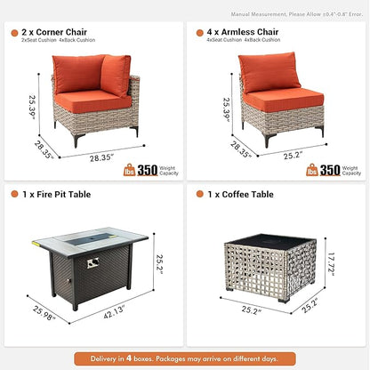 Outdoor Sectional Patio Furniture Set with Fire Pit Table and Glowing Table,8 Pieces Wicker Conversation Sets L Shaped Couch Out Door Sofa Set Outside Furniture for Garden Deck Yard,Orange Red