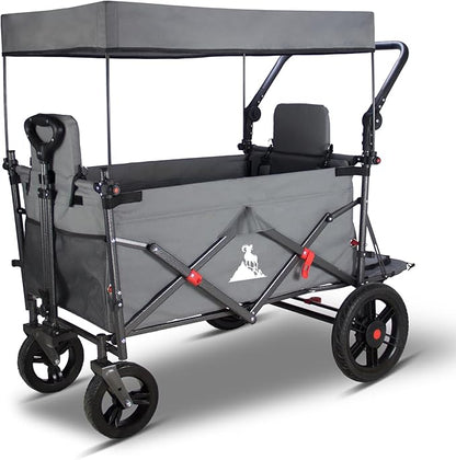 Collapsible Foldable Wagon Cart with All Terrain Wheels &Canopy& 2 Seats- Heavy Duty Utility Wagon 265 lbs Capacity for Camping, Garden, Shopping (Grey)