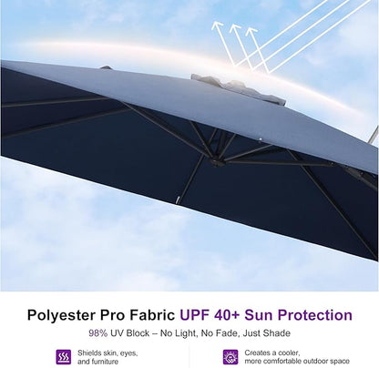 PURPLE LEAF 11' X 8' Swivel Outdoor Patio Aluminum Umbrella with Base Left-right Tilting Cantilever Offset Umbrella with UV Resistant Heavy Duty Fabric for Deck Pool Patio Backyard, Ocean Slate