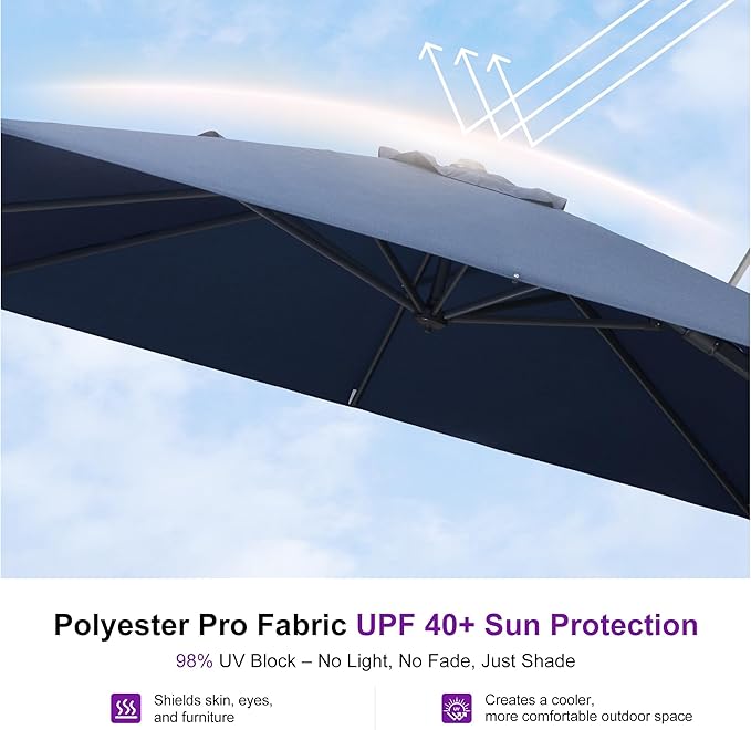 PURPLE LEAF 10' X 10' Swivel Outdoor Patio Aluminum Umbrella with Base Left-right Tilting Cantilever Offset Umbrella with UV Resistant Heavy Duty Fabric for Deck Pool Patio Backyard, Ocean Slate
