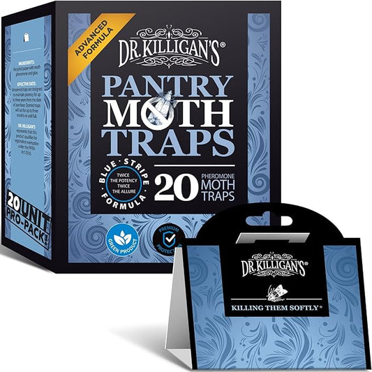 Dr. Killigan's Premium Double Potent Pantry Moth Traps with Pheromones Prime, Sticky Indian Meal Moth Traps for House, How to Get Rid of Moths in House (20 Pack, Blue)