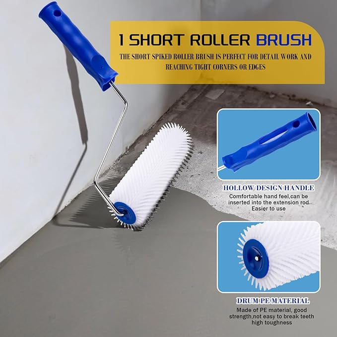 Self Leveling Concrete Tools, Spiked Roller for Self Leveling Epoxy Floor Tool Kit - Cement Leveling Tools with Roller Brush, Spike Shoes, Stainless Steel Scraper Self-Leveling Rake