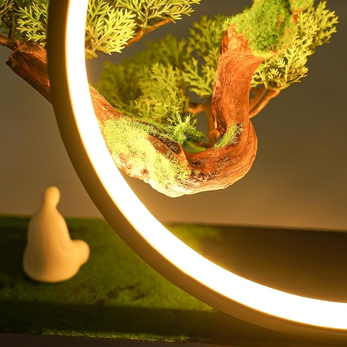 Artificial Bonsai Pine Tree Faux Realistic Simulation Bonsai with LED Lamp Ring Fake Plants Desk Table Decor for Home Office Indoor
