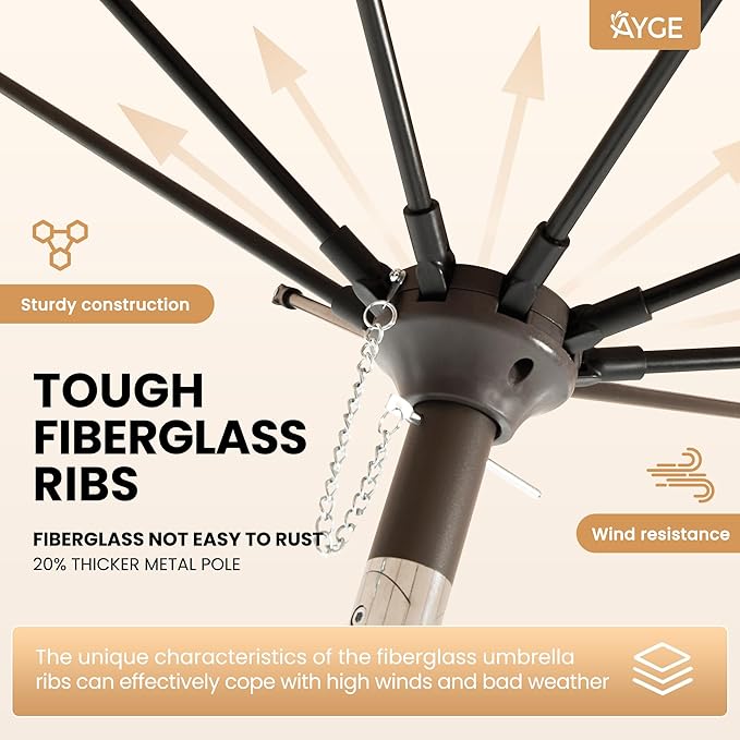 Ayge 9FT Large Outdoor Patio Umbrella Market Table Umbrella-UV Resistant, Easy Push Button Tilt and Crank, 8 Sturdy Fiberglass Ribs Heavy-Duty Pool Umbrella for Deck, Backyard,Garden,White
