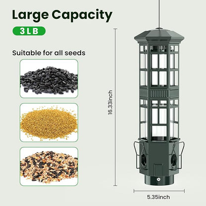 Squirrel Proof Bird Feeder for Outdoors - 3 Port Hanging Metal Bird Feeder with Gravity Spring, 3LB Large Capacity, Chew-Proof & Weather Resistant, Attract Wild Birds, Green