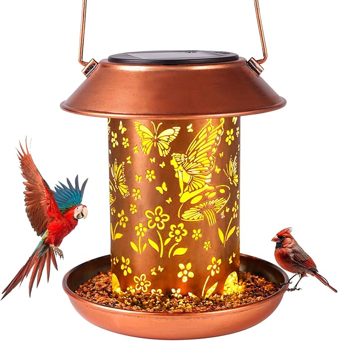 Solar Bird Feeders for Outdoors Hanging Metal Waterproof Outdoor Butterfly Lantern Bird Feeder Weather Resistant Gifts for Women Friends Lovers, Patio, Deck, Garden Christmas Decor