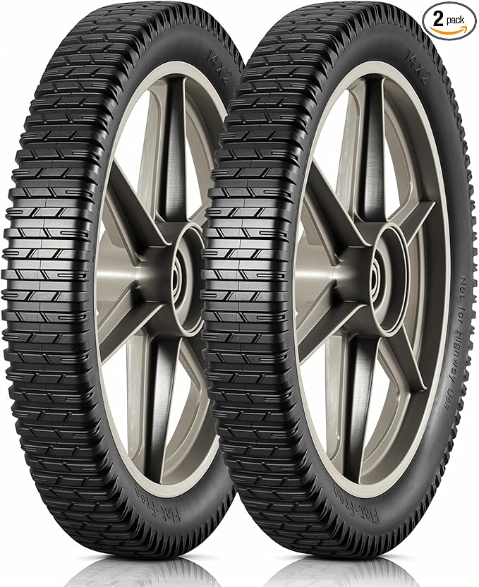 MaxAuto 14 x 1.75" Spoked Plastic Wheel with Tire Replacement for Craftsman Mower, Wheelbarrow, Trimmer, Push Mower, Pressure Washer, 1.75" Offset Hub Length,1/2" inside Bearing, 2 Pack