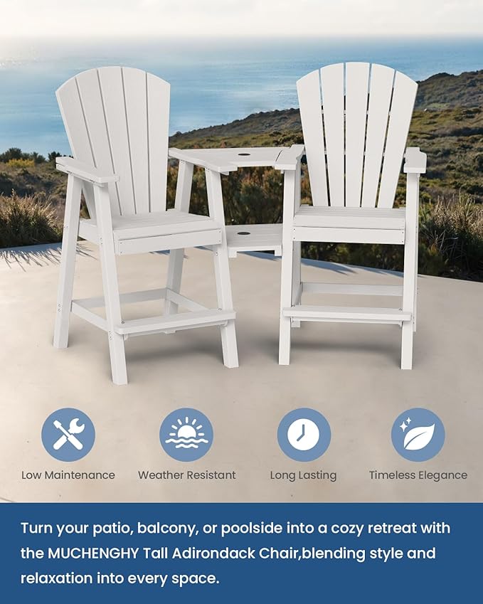 Ciokea Tall Adirondack Chairs Set of 2, HDPE Outdoor Adirondack Bar Stools with Double Connecting Tray, Weather Resistant High Back Adirondack Balcony Chairs for Deck, Lawn, Pool, Backyard, White