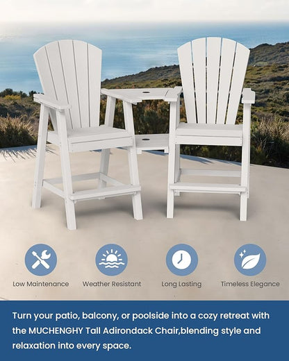 Ciokea Tall Adirondack Chairs Set of 2, HDPE Outdoor Adirondack Bar Stools with Double Connecting Tray, Weather Resistant High Back Adirondack Balcony Chairs for Deck, Lawn, Pool, Backyard, White