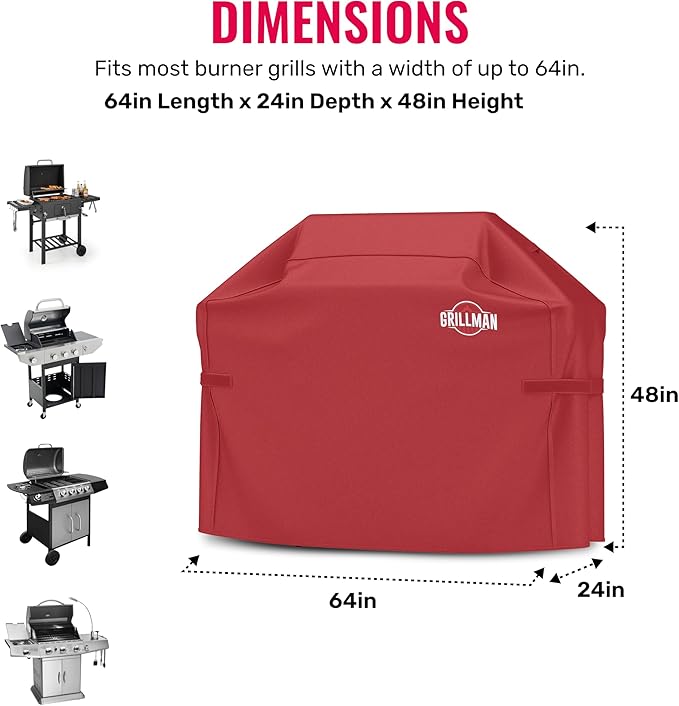 Grill Cover by Grillman, Red, 64 Inch, BBQ Outdoor Grill Covers, Charcoal & Gas Grills, Waterproof, Rip-Proof, Weather-Resistant, Anti-UV, Barbecue Cover for Weber, Genesis, Charbroil, Nexgrill, etc