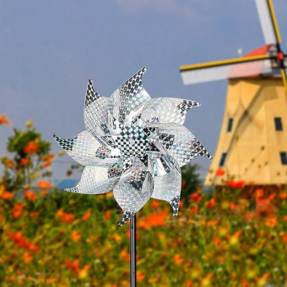 15 Pack Reflective Pinwheels with Stakes, 18.5" Plastic Bird Blinder Sparkly Pin Wheel Scare Birds and Animals Away Spinner Pinwheels for Lawn Yard Garden Farm
