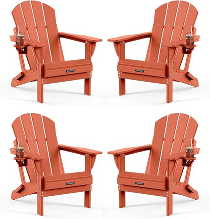 MUCHENGHY Folding Adirondack Chairs Set of 4, Patio Chairs, Lawn Chairs, Outdoor Chair, Adirondack Chair Plastic, Fire Pit, Weather Resistant with Cup Holder for Deck, Backyard, Garden(Orange)