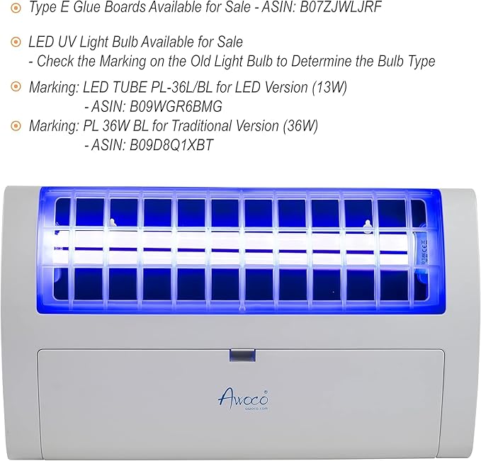 Awoco LED 13W 100V-240V Wall Mount Sticky Fly Trap Lamp XL 78” Extra Long Power Cord for Capturing Flies, Mosquitoes, Moths and Flying Insects (Fly Trap XL)