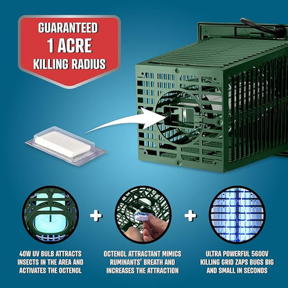 Flowtron Bug Zapper, 1 Acre of Outdoor Coverage with Powerful 40W Bulb & 5600V Instant Killing Grid, Electric Insect, Fly & Mosquito Zapper, Made in The USA - Green Color