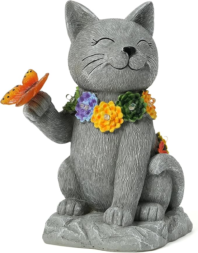 Outdoor Solar Cat Garden Statue - with LED Flowers and Butterfly Yard Art, Suitable for Lawn Decoration, Porch,Yard Decorations Outdoor, Birthday Gift for Mother, Grandmother, or Women