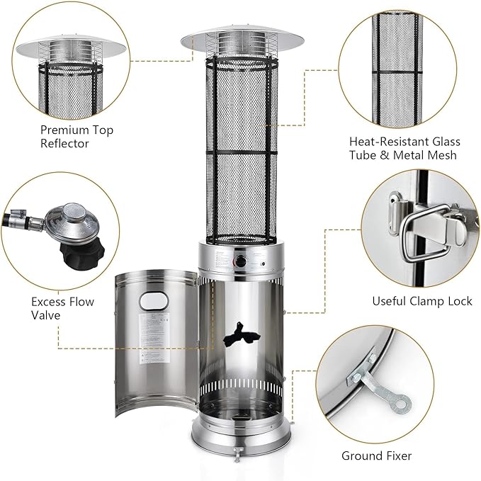 COSTWAY Outdoor Propane Patio Heater, 40,000 BTU Propane Heater with Dancing Flame, Portable Wheels, Stainless Steel Pyramid Floor-Standing Outdoor Heater for Balcony Backyard Garden, Silver