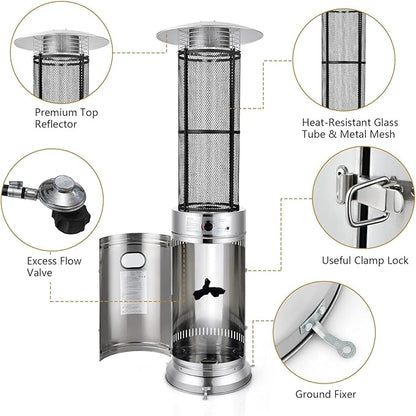 COSTWAY Outdoor Propane Patio Heater, 40,000 BTU Propane Heater with Dancing Flame, Portable Wheels, Stainless Steel Pyramid Floor-Standing Outdoor Heater for Balcony Backyard Garden, Silver
