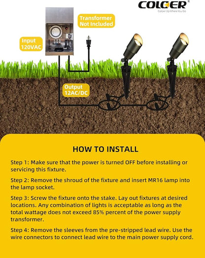 COLOER Brass Landscape Spotlights, 6 Pack Spot Lights Outdoor with 5W Aluminum Housing MR16 LED Bulb 2700K 450LM, 12V AC/DC Low Voltage Outdoor Lighting for Yard, Uplight for Garden and Patio(101B)
