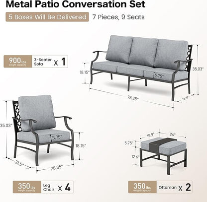 7 Piece Metal Outdoor Patio Furniture Set, Patio Conversation Sets 1 3-seater Sofa, 4 Fixed Chair, 2 Ottomans with 5.75" Thick Cushion, Black All-weather Frame Backyard Furniture, Gray