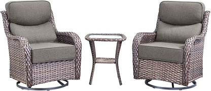 Luxury High Back Outdoor Swivel Rocker Patio Chairs with Side Table & 6-Inch Thick Cushions, 3 Pieces Patio Furniture Set for Porch, Balcony, Deck and Yard