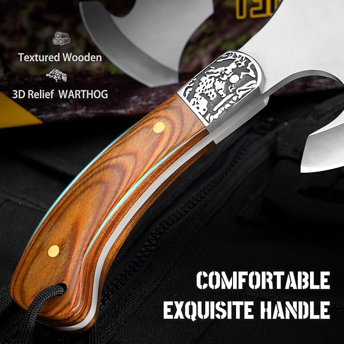 NedFoss Warthog Camping Axe, 9" Full Tang Small Axe with Leather Sheath, Survival Hatchet with Wood Handle, Tomahawk for Outdoor Backpacking, Bushcraft, Hiking