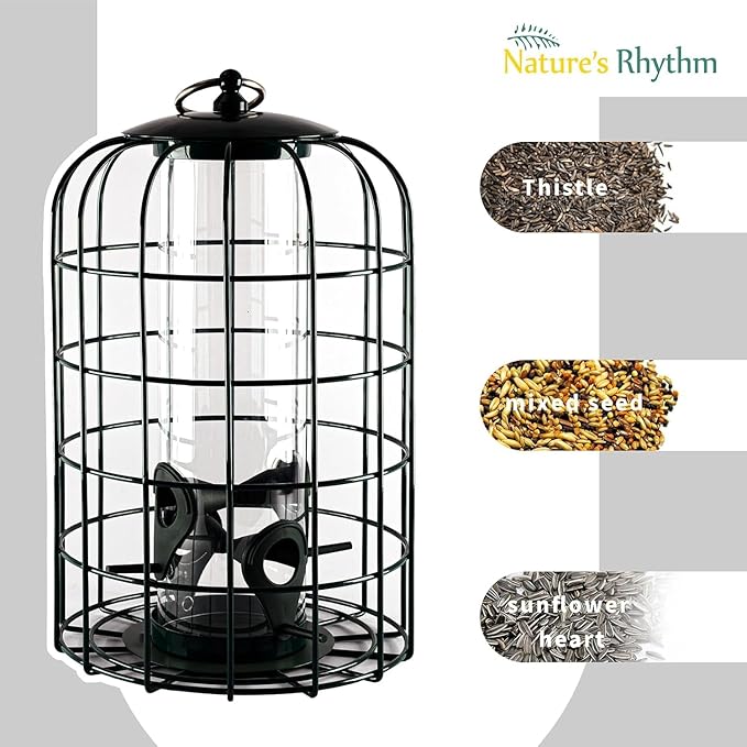 Nature's Rhythm Outdoor Hanging Bird Feeder Cage PC Tube Squirrel Proof Wild Bird Feeder with Large Metal Seed Guard Deterrent