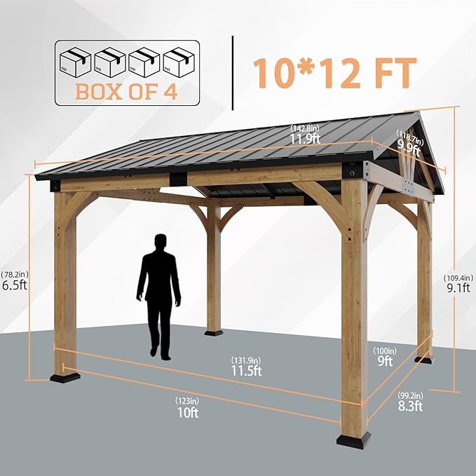 10x12 ft Wood Gazebo, Hardtop Gazebo with Galvanized Steel Peak Roof, Outdoor Pavilion for Snow Support, Wind Resistance, UV Protection, Shade for Garden, Patio, Deck