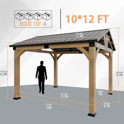 10x12 ft Wood Gazebo, Hardtop Gazebo with Galvanized Steel Peak Roof, Outdoor Pavilion for Snow Support, Wind Resistance, UV Protection, Shade for Garden, Patio, Deck