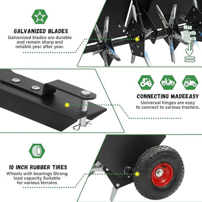 Doniks 52-Inch Tow Behind Lawn Plug Aerator with Universal Hitch, Lawn Aerator Tow Behind with 40 Galvanised Steel Tines,Tray and Inflatable Wheels for Gardens, Lawns, Farms