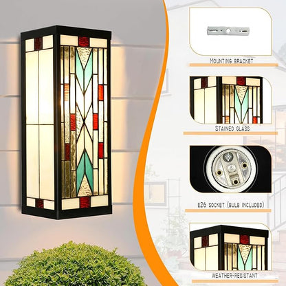WL0004 Tiffany Style Rectangular Outdoor Wall Lights Stained Glass Corridor Wall Lamp Vintage Outdoor Balcony Aisle Hallway Wall Sconce Lighting,6" Wx 5.5" D x16 H, Bulb Included (Arrow)