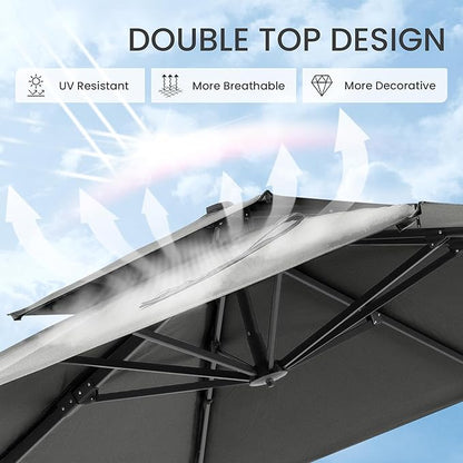 10x10 FT Cantilever Patio Umbrella with Base Included Double Top Outdoor Square Large Heavy Duty Aluminum Offset Umbrellas with 7 Level Tilt 360-degree Rotation for Pool Garden Deck,Grey