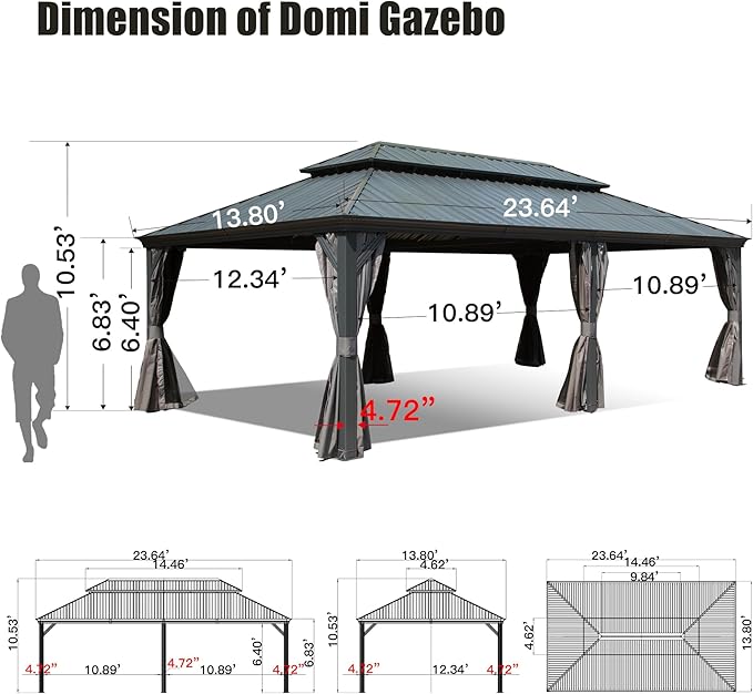 Domi 14'x24' Hardtop Gazebo Canopy,Outdoor Aluminum Gazebo with Galvanized Steel Double Roof, Extra Large Permanent Gazebo Pavilion for Patio Deck Backyard,Curtain and Netting,Grey