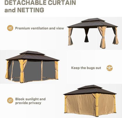 Domi 12'x16' Cedar Wood Gazebo with Double Roof Steel Hardtop,Solid Wood Frame Gazebo,Curtains and Netting Included for Garden, Backyard