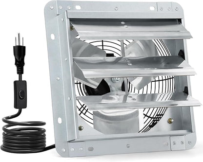 Criditpid 10 Inch Shutter Exhaust Fan 820 CFM, Wall Mounted Exhaust Fan with ON/OFF Power Cord for Greenhouse, Chicken Coop, Attic, Shed, Garage, Warehouses Ventilation, Low Noise louvered Vent Fan.