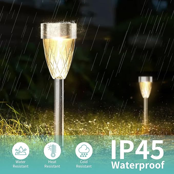 Solar Pathway Lights Outdoor, 8 Pack Stainless Steel Waterproof Solar Lights for Outside, Auto On/Off Warm White Garden Light for Yard, Lawn Driveway Landscape Backyard Walkway