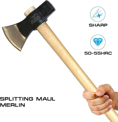 Prandi Axes Merlin C45 Forged Carbon Steel Splitting Maul - Hickory Handle with Leather String - Ideal for Firewood, Splitting, and Chopping - 35.43" L x 8.78" W, 3000g Head 3.014.30.TH - No Sheath