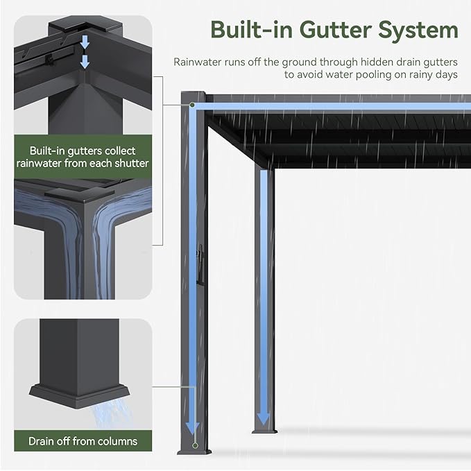 Aoxun Louvered Pergola 10' x 10' 96S Outdoor Metal Pergola with Adjustable Top for Decks, Gardens and Backyards, Easy Assembly via Structural Patent, Gray