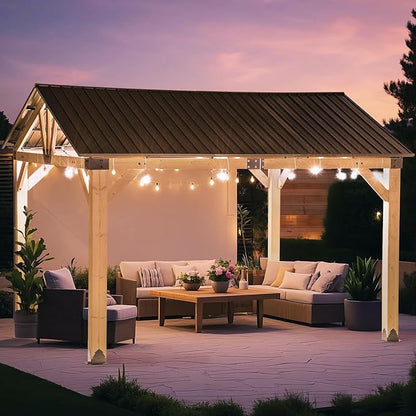 CHARMELEON Wood Gazebo 10x12 FT – Hardtop Metal Roof Patio Cedar Gazebo with Wood Frame for Outdoor– Gable Roof Pavilion para Patio, Backyard, Deck, Lawn and Garden