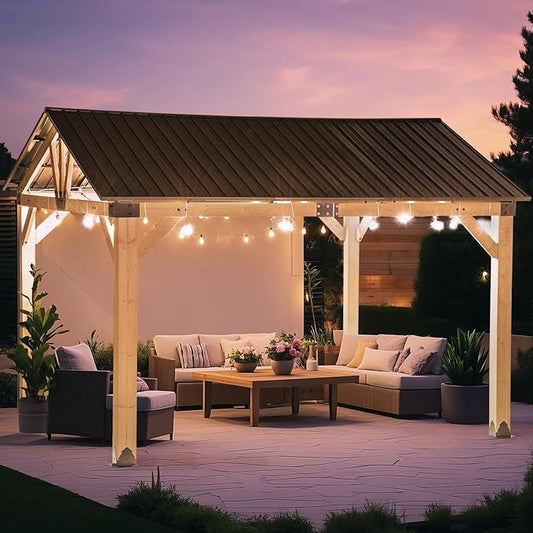 CHARMELEON Wood Gazebo 10x12 FT – Hardtop Metal Roof Patio Cedar Gazebo with Wood Frame for Outdoor– Gable Roof Pavilion para Patio, Backyard, Deck, Lawn and Garden