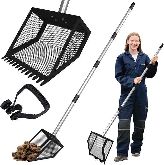 Chicken Poop Scooper for Coops Small Farm Animals with Fine Sieve Coop Rake 2-in-1 Scoop 24" to 67" Adjustable Stainless Steel Handle Durable Sand Sifting Litter Shovel for Animal Sheds Garbage