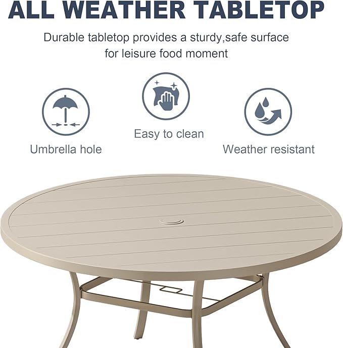 VICLLAX 50" Outdoor Round Patio Dining Table for 4-6, All Weather Metal Dining Table with Umbrella Hole for Deck Lawn Garden Backyard, Sandshell