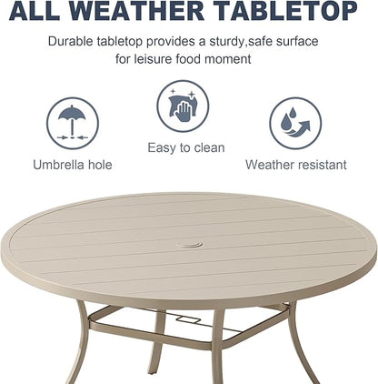 VICLLAX 50" Outdoor Round Patio Dining Table for 4-6, All Weather Metal Dining Table with Umbrella Hole for Deck Lawn Garden Backyard, Sandshell