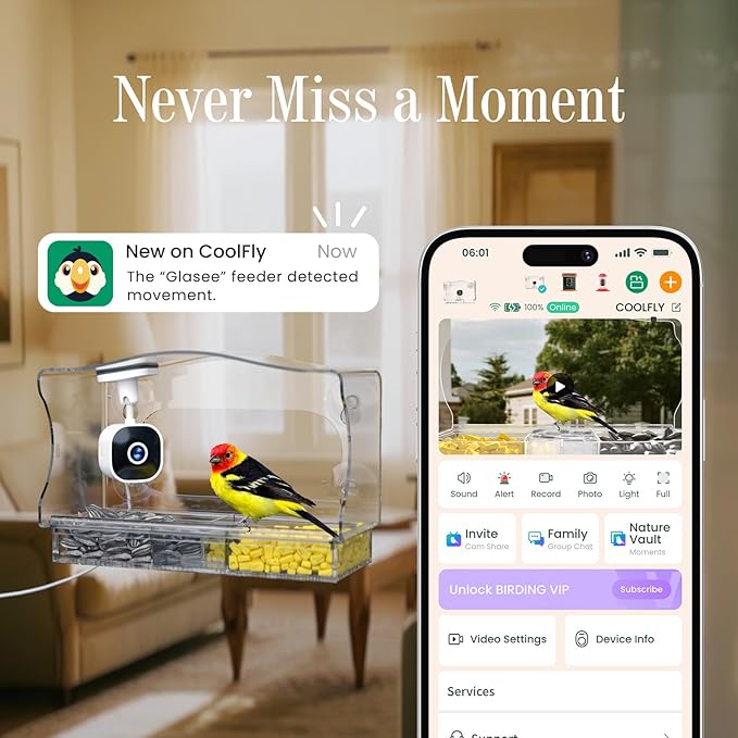 Freesason Smart Bird Feeder with Camera & AI Bird Identifier, 2K HD Auto-Capture Video, Window Mounted with Strong Suction Cups, Unique Tech Gift for Birds Watchers (Clear)