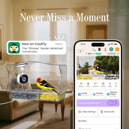Freesason Smart Bird Feeder with Camera & AI Bird Identifier, 2K HD Auto-Capture Video, Window Mounted with Strong Suction Cups, Unique Tech Gift for Birds Watchers (Clear)