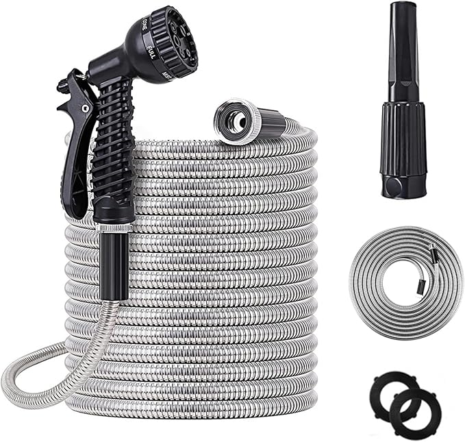 100ft Metal Garden Hose Stainless Steel Heavy Duty Water Hose With 2 Nozzles, No Tangle and Kink, Lightweight & Flexible, Tough and Pet Proof, Metal Garden Hose for Yard, RV, Garden, Outdoor