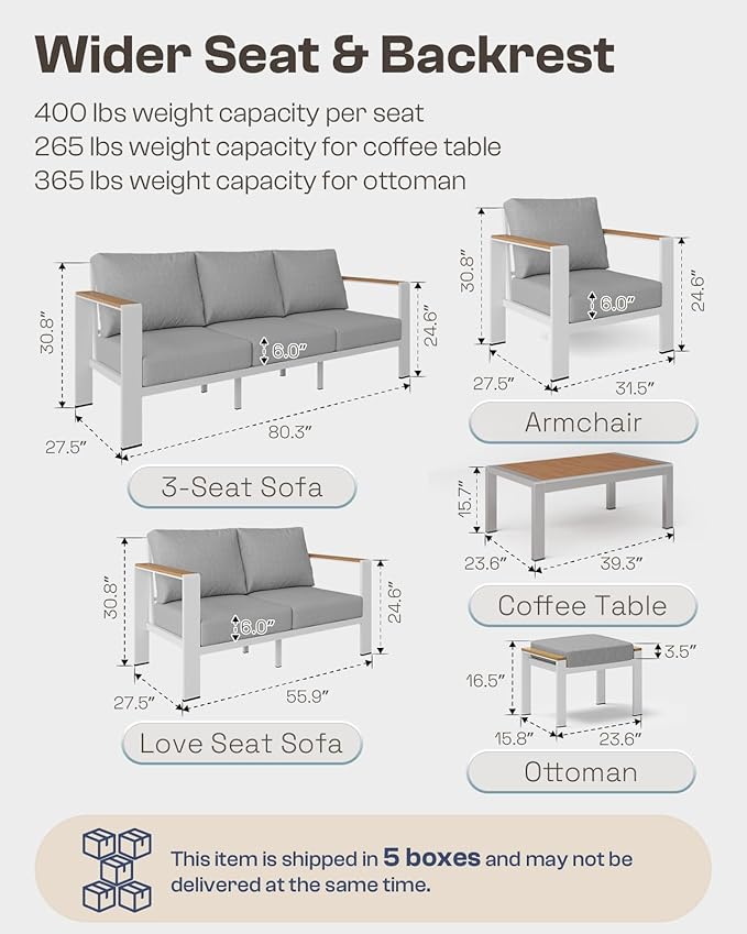 Aluminum Outdoor Patio Furniture Set with Coffee Table, 7 Piece Patio Conversation Sets with Thick Cushion, Ottomans, Patio Sectional Furniture Set for Porch, Balcony, Deck, Yard, White