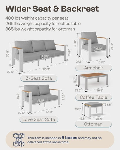 Aluminum Outdoor Patio Furniture Set with Coffee Table, 7 Piece Patio Conversation Sets with Thick Cushion, Ottomans, Patio Sectional Furniture Set for Porch, Balcony, Deck, Yard, White