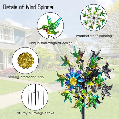 Hummingbird Wind Spinner, Metal Outdoor Wind Sculptures & Spinners, 68.5 Inch Double Windmill Spinner for Yard Lawn Garden Decor