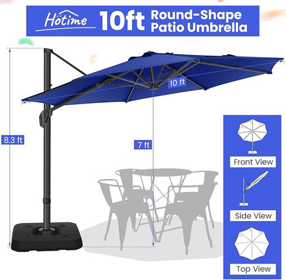 Hotime 10ft Patio Umbrella Outdoor Patio Windproof and Height adjustable, Heavy Duty Aluminum Round Offset Patio Umbrella Cantilever Pool Umbrella with 360°Rotation for Garden Deck Pool, Dark Blue